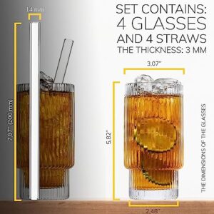 Huge Estate 16OZ Ribbed Glassware, Luxurious Glass Drinking Cups with Matching Straws – Vintage Drinking Glasses for Water Iced Coffee Smoothie Juice – 4pcs Ribbed Glasses