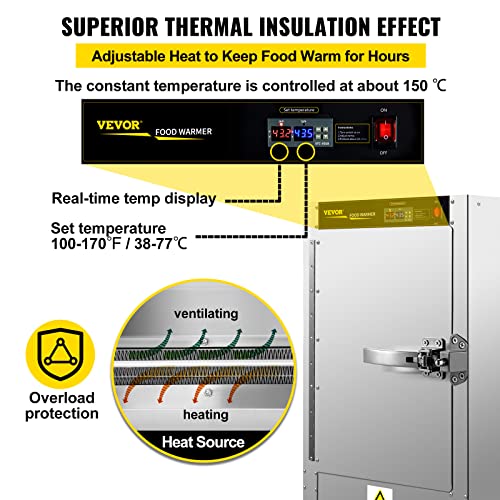 VEVOR Hot Box Food Warmer, 19"x19"x29" Concession Warmer with Water Tray, Five Disposable Catering Pans, Countertop Pizza, Patty, Pastry, Empanada, Concession Hot Food Holding Case, 110V UL Listed