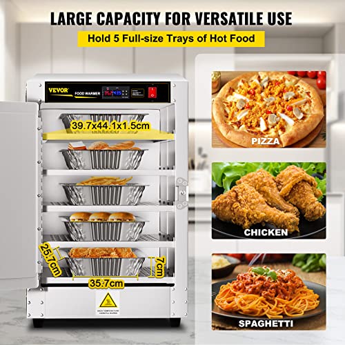 VEVOR Hot Box Food Warmer, 19"x19"x29" Concession Warmer with Water Tray, Five Disposable Catering Pans, Countertop Pizza, Patty, Pastry, Empanada, Concession Hot Food Holding Case, 110V UL Listed