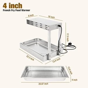 Restlrious French Fry Warmer Commercial Heat Lamp Food Warmer, Free Standing Electric Infrared Heating Dump Station, 500W Stainless Steel Food Warming Light w/Drain Board Drip Pan for Fries 4” Deep