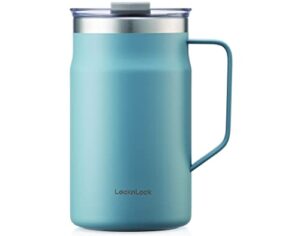 locknlock metro mug premium 18/8 stainless steel double wall insulated with handle perfect for table with lid, blue, 20 oz