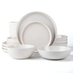 arora skugga round stoneware 16pc double bowl dinnerware set for 4, dinner and side plates, cereal and pasta bowls - matte white (466077)