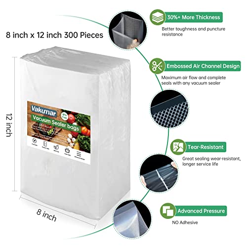 Vakumar Vacuum Sealer Bags 300 Pint 8 x 12 Inch Rolls for Food , Seal a Meal, Commercial Grade, BPA Free, Commercial Grade, Great for Storage, Meal prep and Sous Vide