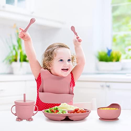 Losecu Silicone Baby Feeding Set|Baby Led Weaning Supplies Set|Suction Baby Plate Bowl Set with Bib Spoon Fork Sippy Cup|Baby Feeding Eating Supplies Set BPA Free