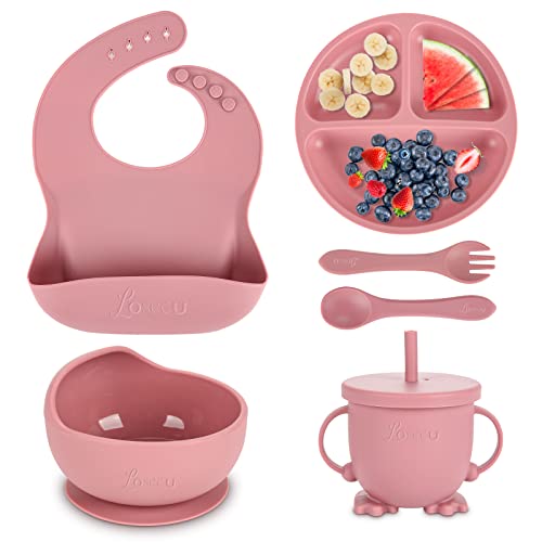 Losecu Silicone Baby Feeding Set|Baby Led Weaning Supplies Set|Suction Baby Plate Bowl Set with Bib Spoon Fork Sippy Cup|Baby Feeding Eating Supplies Set BPA Free