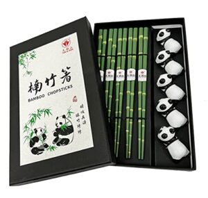 lanhuths wooden chopsticks reusable 5 pairs gift set with 5pcs porcelain rest panda and green bamboo design hand-made 8.8 inch/22.5cm