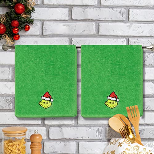 Christmas Kitchen Towels and Dishcloths Set - 30 X 14 Inch Green Xmas Absorbent Reusable Fingertip Tea Dish Hand Towels for Drying, Cleaning, Cooking and Baking, 2 Pack