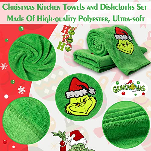 Christmas Kitchen Towels and Dishcloths Set - 30 X 14 Inch Green Xmas Absorbent Reusable Fingertip Tea Dish Hand Towels for Drying, Cleaning, Cooking and Baking, 2 Pack