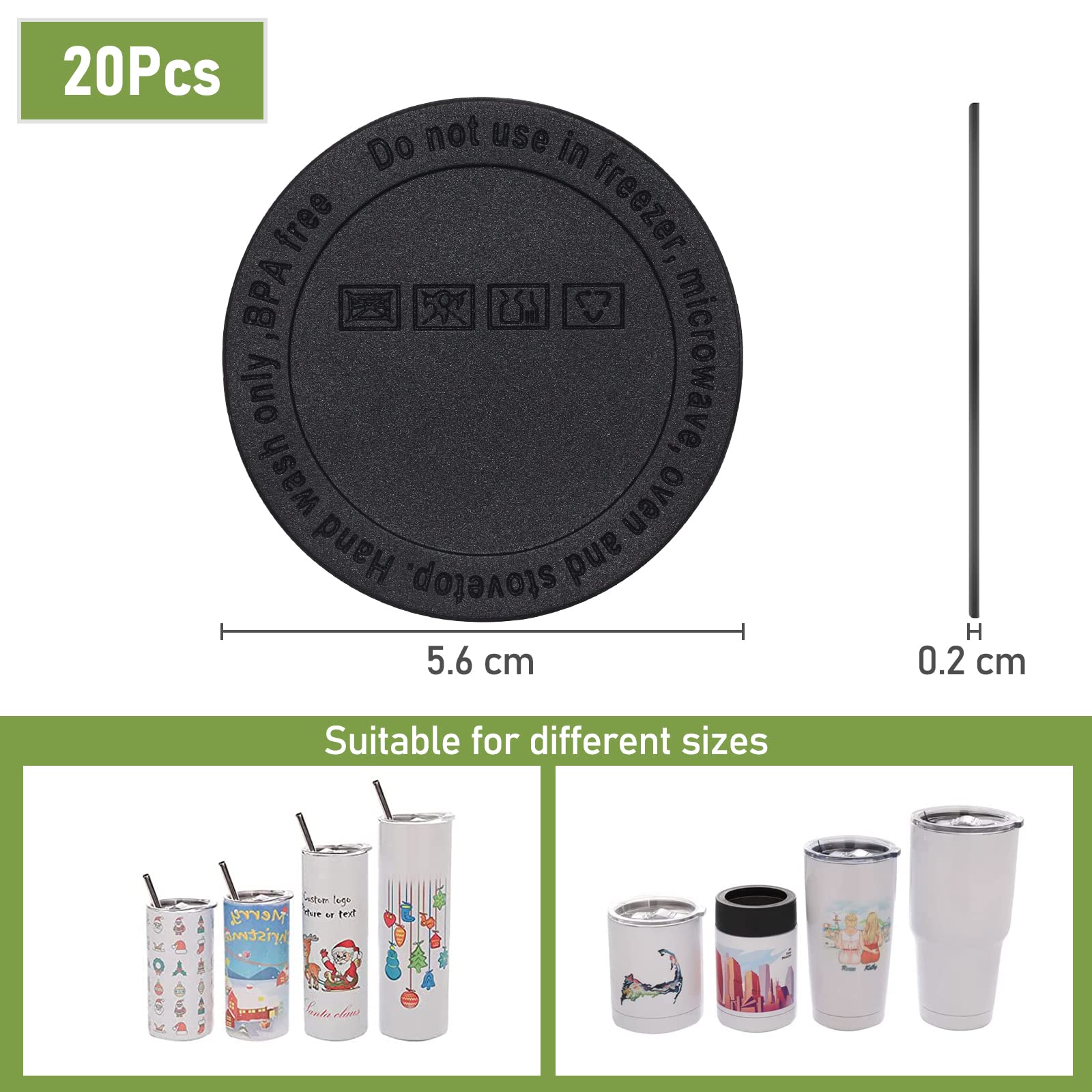 20Pcs Rubber Bottoms for Sublimation Tumblers,Protective Anti-Slip Silicone Bottoms with Adhesive for Skinny Tumblers, Thermal Bottle,Mason Jars (56mm , Black)