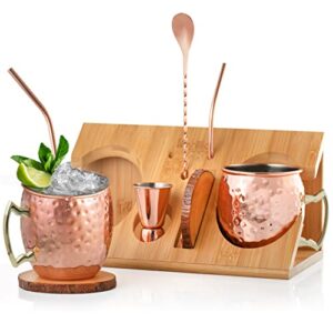 barillio moscow mule mug set of 2 with bamboo stand | large size 18 oz copper cups | stainless steel lining & pure copper plating