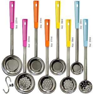 portion control serving spoons - (8 piece set) restaurant measuring serving ladle utensils for weight loss, bariatric gastric sleeve, includes 2, 4, 6, 8 oz solid & perforated scoops, 14-1/4" long