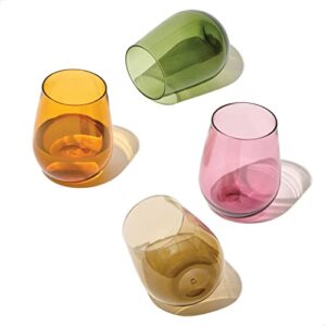 tossware reserve 16oz stemless wine - color series set of 4, premium quality, tritan dishwasher safe & heat resistant unbreakable plastic drinking glasses