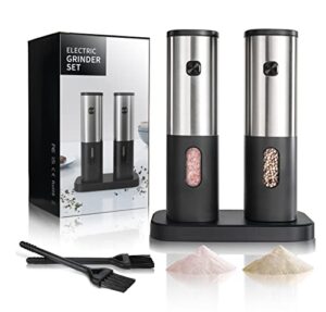 battery operated salt and pepper grinder set, electric salt grinder with storage base, one hand automatic operation, stainless steel black 2 pack