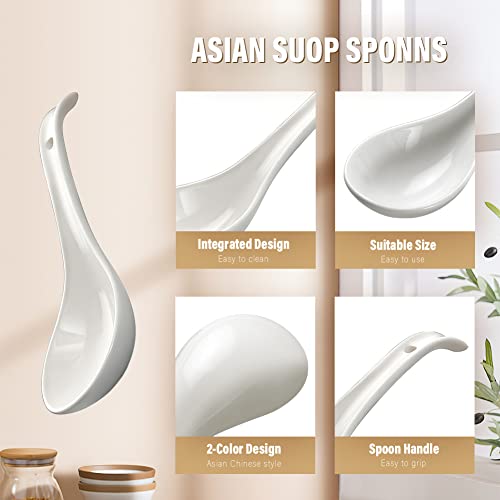 Asian Soup Spoons, YFWOOD 6.75 inch Ceramic Chinese Soup Spoons, White Large Japanese Soup Spoons for Ramen Pho Wonton Soup Dumpling Miso, Set of 6