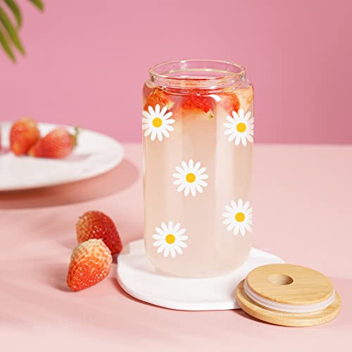 GSPY Daisy Aesthetic Cups, Iced Coffee Cup, Cute Glass Cup with Lid & Straw - Iced Coffee Glass, Flower Mug, Floral Glass Cup, Glass Coffee Tumbler - Birthday, Daisy Gifts for Women, Coffee Lover