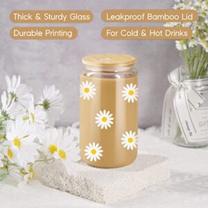 GSPY Daisy Aesthetic Cups, Iced Coffee Cup, Cute Glass Cup with Lid & Straw - Iced Coffee Glass, Flower Mug, Floral Glass Cup, Glass Coffee Tumbler - Birthday, Daisy Gifts for Women, Coffee Lover