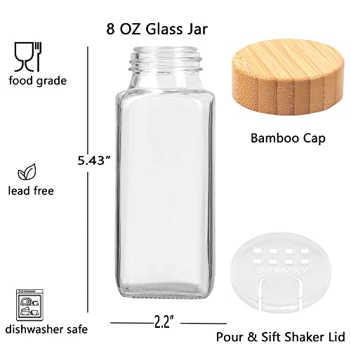 SWOMMOLY 24 Pcs Glass Spice Jars with Labels, 8 oz Spice Jars with Bamboo Lids, Empty Spice Bottles with Shaker Lids, Spice Containers with 366 White Spice Labels, Chalk Marker, Funnel Set