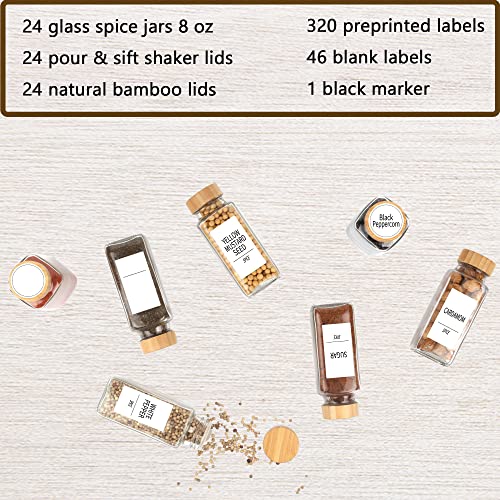 SWOMMOLY 24 Pcs Glass Spice Jars with Labels, 8 oz Spice Jars with Bamboo Lids, Empty Spice Bottles with Shaker Lids, Spice Containers with 366 White Spice Labels, Chalk Marker, Funnel Set