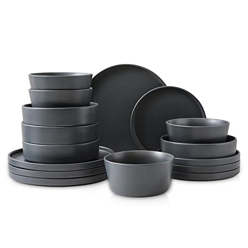 Stone Lain Celina Stoneware 16-Piece Dinnerware Set, Cereal and Dinner Bowls, Grey