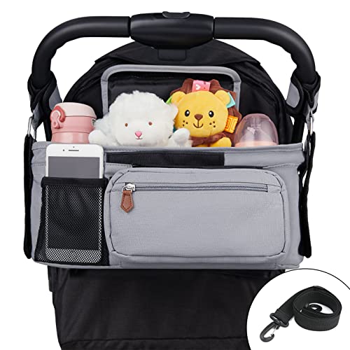 Sunkorto Stroller Organizer with Cup Holder, Universal Stroller Caddy Accessories Baby Stroller Bag Organizer with Detachable Zippered Pocket Non-Slip Straps, Fits For any Stroller - Gray