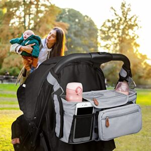 Sunkorto Stroller Organizer with Cup Holder, Universal Stroller Caddy Accessories Baby Stroller Bag Organizer with Detachable Zippered Pocket Non-Slip Straps, Fits For any Stroller - Gray