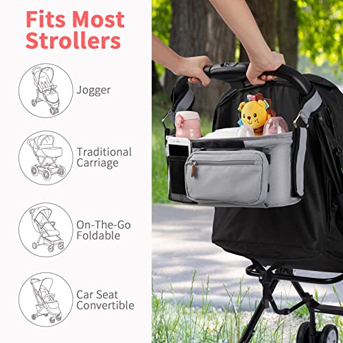 Sunkorto Stroller Organizer with Cup Holder, Universal Stroller Caddy Accessories Baby Stroller Bag Organizer with Detachable Zippered Pocket Non-Slip Straps, Fits For any Stroller - Gray