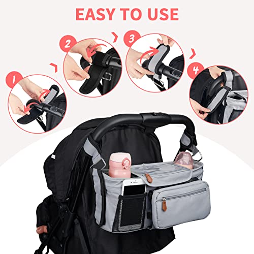 Sunkorto Stroller Organizer with Cup Holder, Universal Stroller Caddy Accessories Baby Stroller Bag Organizer with Detachable Zippered Pocket Non-Slip Straps, Fits For any Stroller - Gray