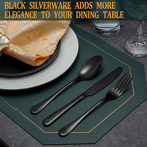 40 Pcs Black Silverware Set, Stainless Steel Flatware Set for 8, Food-Grade Cutlery Set, Mirror Polished Tableware Eating Utensils Set for Home Kitchen, Include Knife Fork Spoon Set, Dishwasher Safe