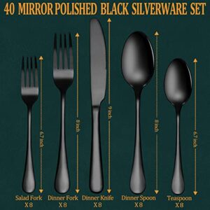 40 Pcs Black Silverware Set, Stainless Steel Flatware Set for 8, Food-Grade Cutlery Set, Mirror Polished Tableware Eating Utensils Set for Home Kitchen, Include Knife Fork Spoon Set, Dishwasher Safe