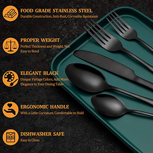 40 Pcs Black Silverware Set, Stainless Steel Flatware Set for 8, Food-Grade Cutlery Set, Mirror Polished Tableware Eating Utensils Set for Home Kitchen, Include Knife Fork Spoon Set, Dishwasher Safe