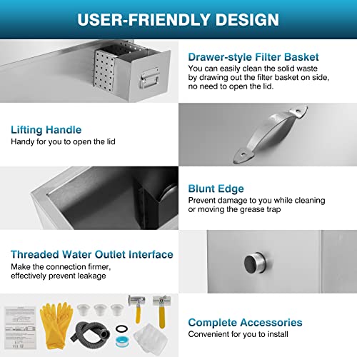IRONWALLS Commercial Grease Traps for 3 Compartment Sink, 40LBS Stainless Steel Grease Traps for Restaurants Under Sink, Grease Interceptor Oil-Water Separator with 3 Top Inlet & 2 Water Outlet
