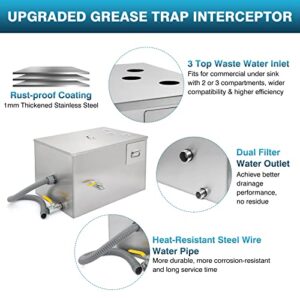 IRONWALLS Commercial Grease Traps for 3 Compartment Sink, 40LBS Stainless Steel Grease Traps for Restaurants Under Sink, Grease Interceptor Oil-Water Separator with 3 Top Inlet & 2 Water Outlet