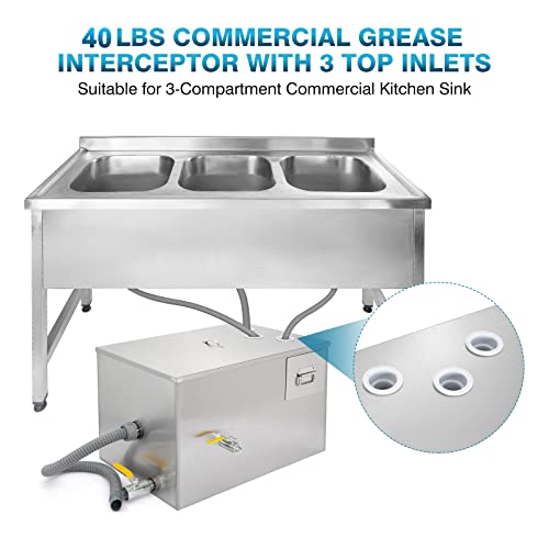 IRONWALLS Commercial Grease Traps for 3 Compartment Sink, 40LBS Stainless Steel Grease Traps for Restaurants Under Sink, Grease Interceptor Oil-Water Separator with 3 Top Inlet & 2 Water Outlet