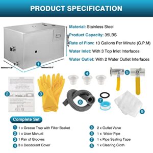 IRONWALLS Commercial Grease Traps for 3 Compartment Sink, 40LBS Stainless Steel Grease Traps for Restaurants Under Sink, Grease Interceptor Oil-Water Separator with 3 Top Inlet & 2 Water Outlet