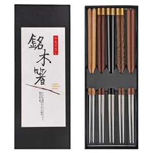 akonege reusable chopsticks wood splicing stainless steel chopsticks metal chopstick lengthen japanese korean chop sticks 5 pairs gift set, 9.8 inch