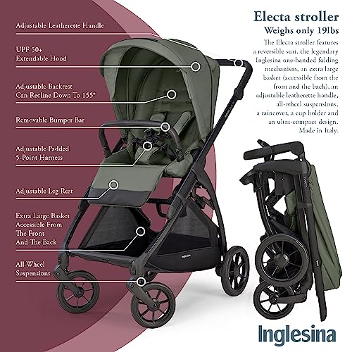 Inglesina Electa Full Size Standard Baby Stroller - Weighs only 19 lbs, Reversible Seat, Compact Fold, One-Handed Open & Close, Adjustable Handle, Large Basket & All-Wheel Suspensions - Tribeca Green