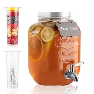 1 gallon drink dispenser with spigot 18/8 stainless steel – airtight & leakproof glass sun tea jar with anti-rust lid, beverage dispenser for parties – include ice cylinder and fruit infuser