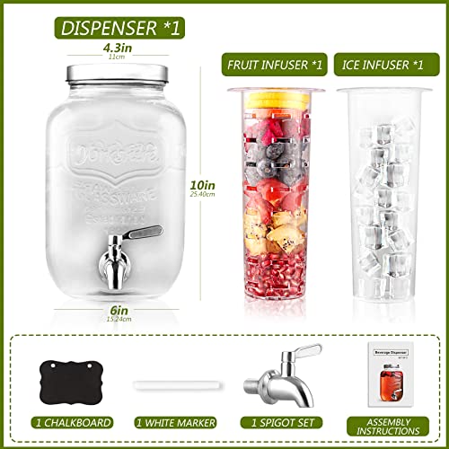 1 Gallon Drink Dispenser with Spigot 18/8 Stainless Steel – Airtight & Leakproof Glass Sun Tea Jar with Anti-Rust Lid, Beverage Dispenser for Parties – Include Ice Cylinder and Fruit Infuser