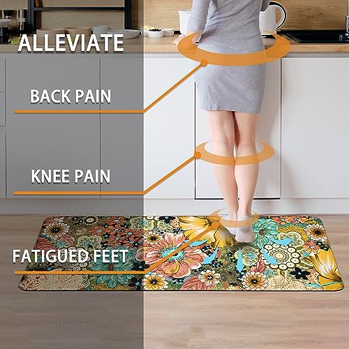 Boho Floral Kitchen Rug Set of 2 Colorful Flowers Anti Fatigue Non-Slip Kitchen Floor Mats Comfort Standing Bohemian Mat Waterproof Farmhouse Sink Laundry PVC Carpet(17.3 x 28 Inch+17.3 x 47 Inch)