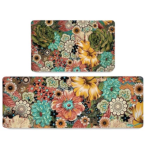 Boho Floral Kitchen Rug Set of 2 Colorful Flowers Anti Fatigue Non-Slip Kitchen Floor Mats Comfort Standing Bohemian Mat Waterproof Farmhouse Sink Laundry PVC Carpet(17.3 x 28 Inch+17.3 x 47 Inch)