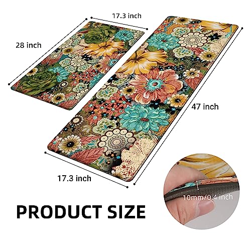 Boho Floral Kitchen Rug Set of 2 Colorful Flowers Anti Fatigue Non-Slip Kitchen Floor Mats Comfort Standing Bohemian Mat Waterproof Farmhouse Sink Laundry PVC Carpet(17.3 x 28 Inch+17.3 x 47 Inch)