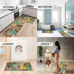 Boho Floral Kitchen Rug Set of 2 Colorful Flowers Anti Fatigue Non-Slip Kitchen Floor Mats Comfort Standing Bohemian Mat Waterproof Farmhouse Sink Laundry PVC Carpet(17.3 x 28 Inch+17.3 x 47 Inch)