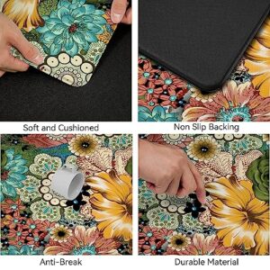 Boho Floral Kitchen Rug Set of 2 Colorful Flowers Anti Fatigue Non-Slip Kitchen Floor Mats Comfort Standing Bohemian Mat Waterproof Farmhouse Sink Laundry PVC Carpet(17.3 x 28 Inch+17.3 x 47 Inch)