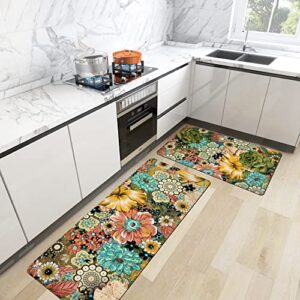 Boho Floral Kitchen Rug Set of 2 Colorful Flowers Anti Fatigue Non-Slip Kitchen Floor Mats Comfort Standing Bohemian Mat Waterproof Farmhouse Sink Laundry PVC Carpet(17.3 x 28 Inch+17.3 x 47 Inch)