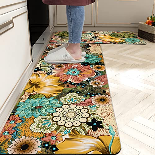 Boho Floral Kitchen Rug Set of 2 Colorful Flowers Anti Fatigue Non-Slip Kitchen Floor Mats Comfort Standing Bohemian Mat Waterproof Farmhouse Sink Laundry PVC Carpet(17.3 x 28 Inch+17.3 x 47 Inch)