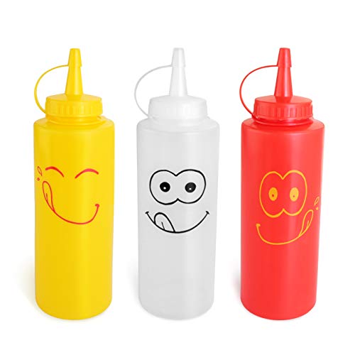 New Star Foodservice 533906 Smiley Faces Squeeze Bottle Set, Plastic, Red, Yellow, and Clear, 12 oz