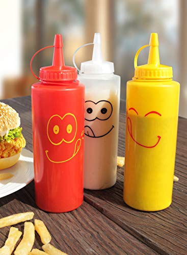 New Star Foodservice 533906 Smiley Faces Squeeze Bottle Set, Plastic, Red, Yellow, and Clear, 12 oz