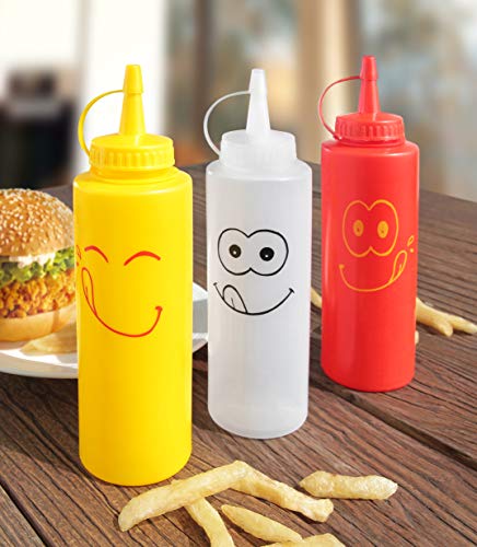 New Star Foodservice 533906 Smiley Faces Squeeze Bottle Set, Plastic, Red, Yellow, and Clear, 12 oz