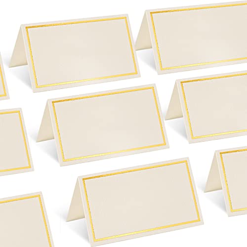 KraftiSky 100 Pack Place Cards for Table Setting with Gold Foil Border Table Tent Cards for Seating Perfect for Weddings, Dinner Parties, Banquets 2” x 3.5”