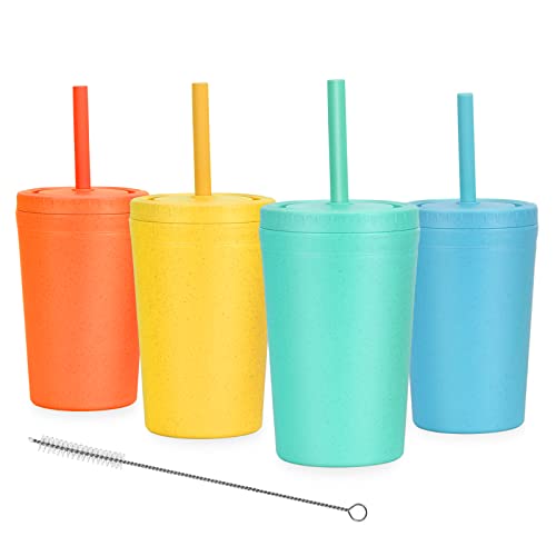 【Set of 4】Reusable Wheat Straw Cups with Lid and Straws, 10 Oz Chip Resistant Cups -Dishwasher Safe E-Co Friendly Small Water Cups with Silicone Straws for Milk, Drinks, Smoothies -4 Colors